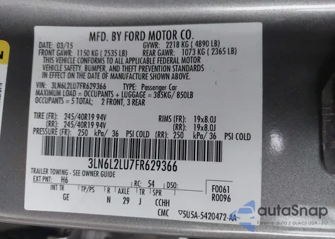 2015 Lincoln Mkz Hybrid z USA, uszkodzony, nr VIN 3LN6L2LU7FR629366